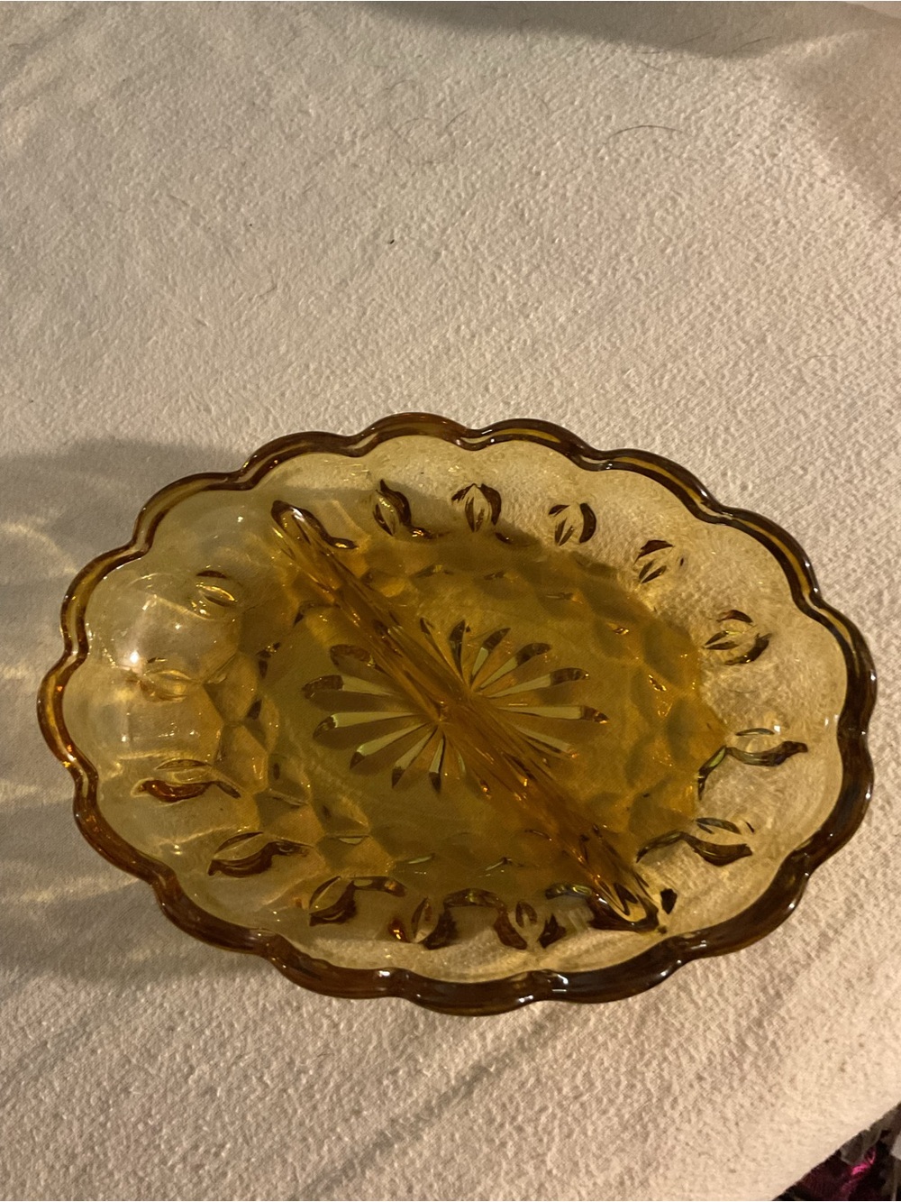 Vintage Amber Pressed Glass Candy Dish 7x5 Scalloped Floral Starburst Bowl
